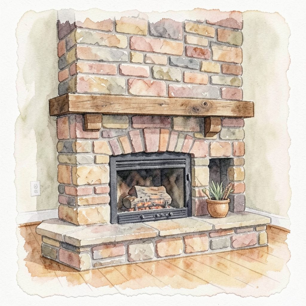 Diffuse watercolour rendering of brickwork in warm cream and muted sage, calm and contemplative in tone