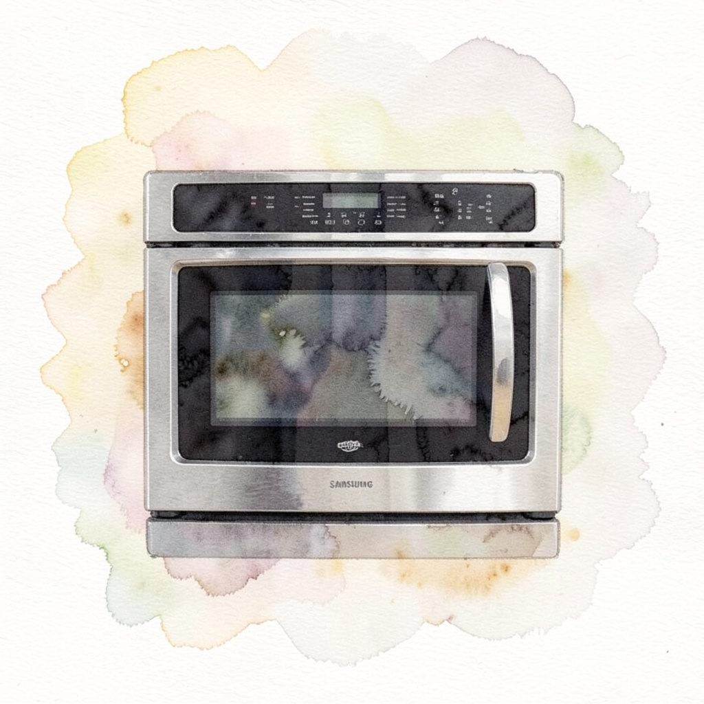 Gentle watercolor illustration of a stainless steel over-the-range appliance, cool grays with muted green accents