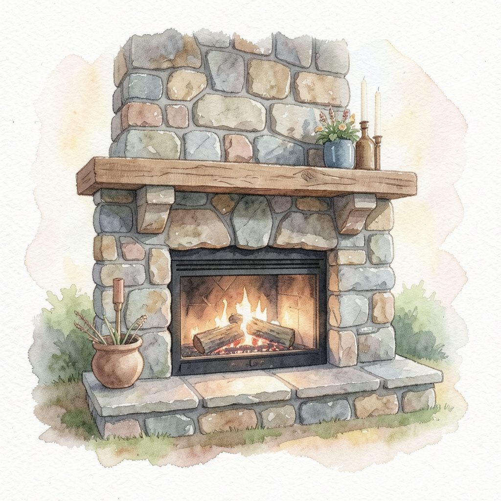 Soft watercolour painting of warm layered stone tones in muted greens and creams, calm and contemplative mood