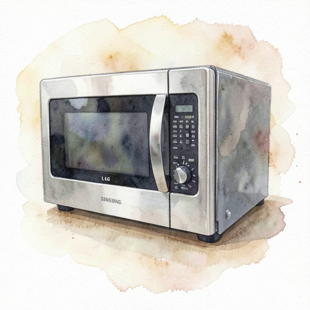 Watercolor painting of a modern stainless steel microwave, gentle sage and ivory tones with soft shadows