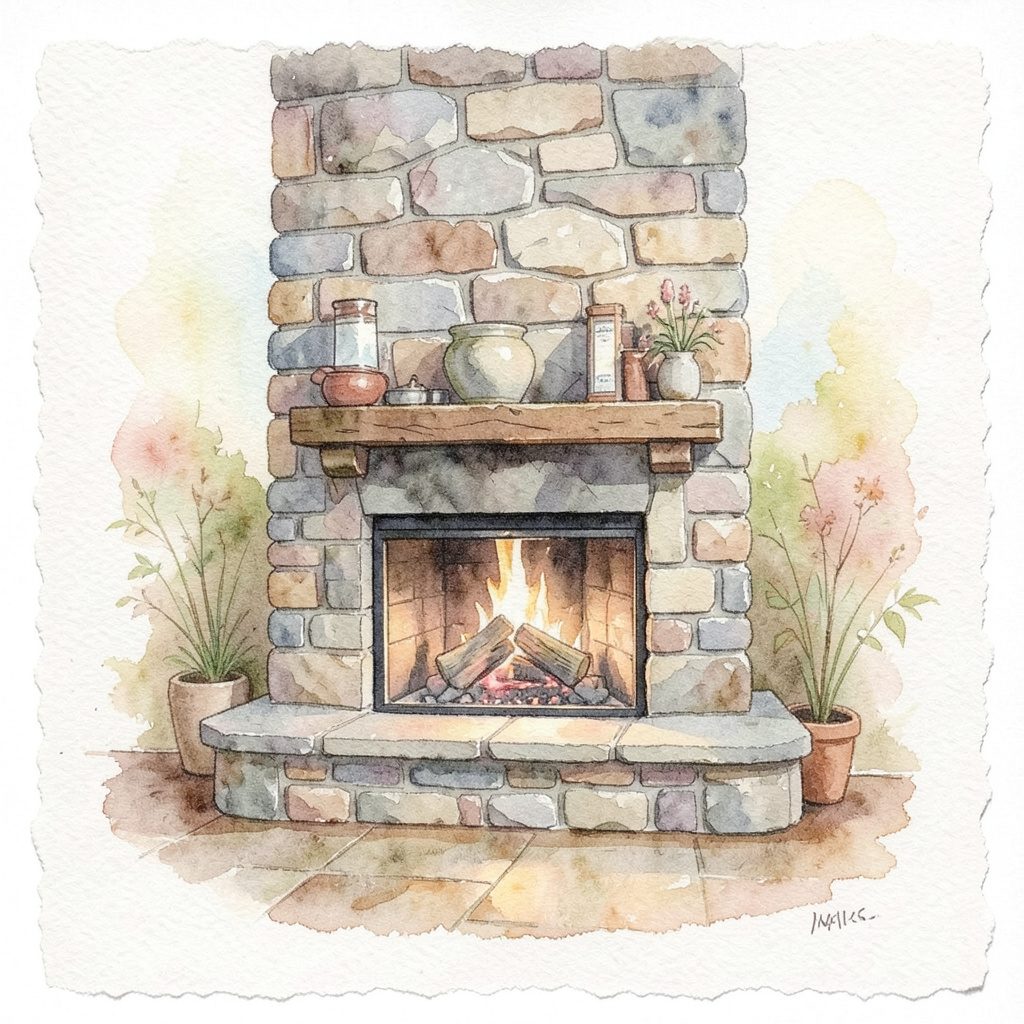 Gentle watercolour layering of pale stone, moss, and cream tones in stacked horizontal forms, suggesting careful construction.