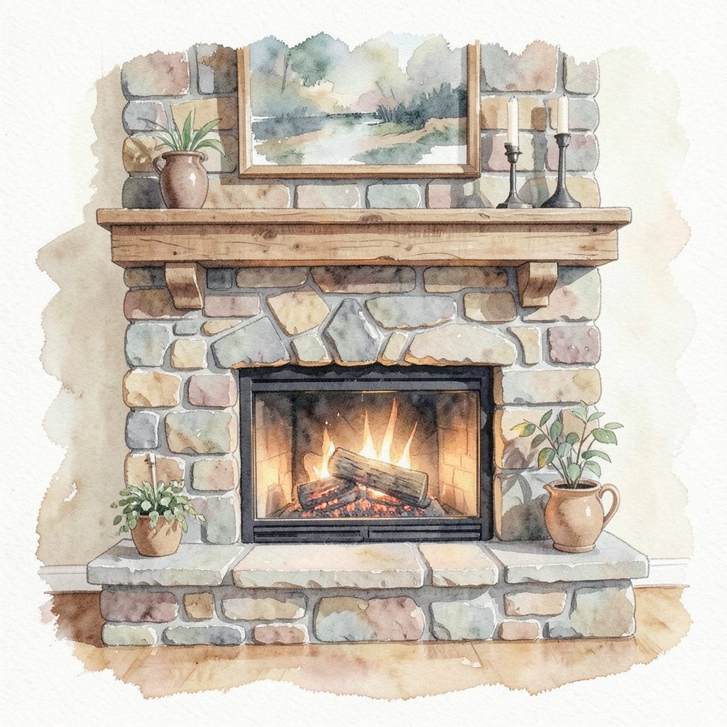 Soft watercolour wash in warm cream and pale ochre, suggesting a stacked stone texture in muted earth tones