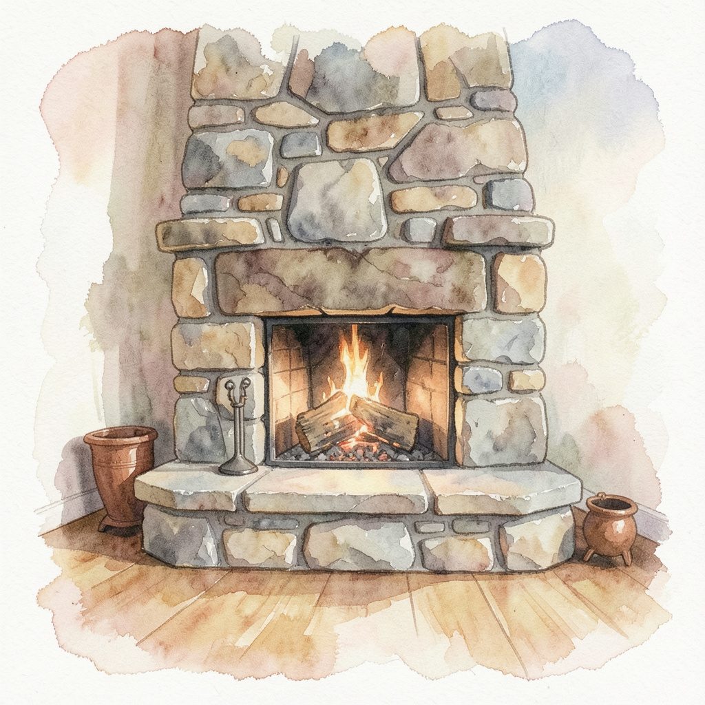 Soft watercolour sketch of stacked stone texture in pale ochre and muted moss, tranquil and inviting