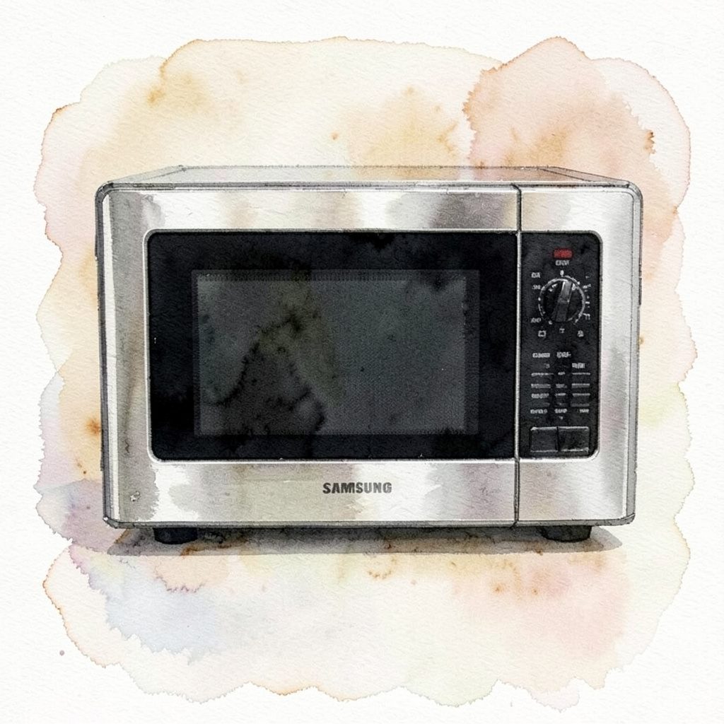 Watercolor painting of a stainless steel microwave in soft daylight, pale olive background with brushed silver highlights
