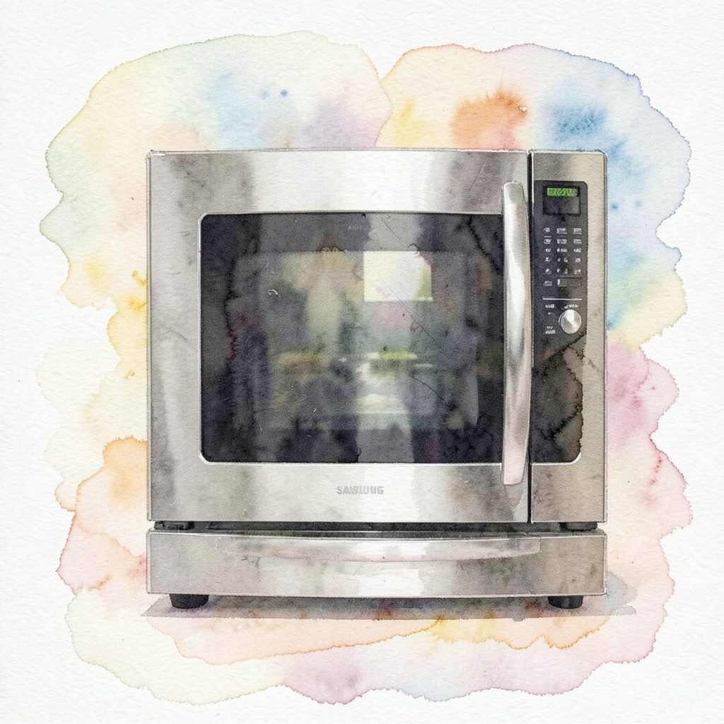 Soft watercolor rendering of a built-in kitchen appliance in muted greens and warm metallic tones