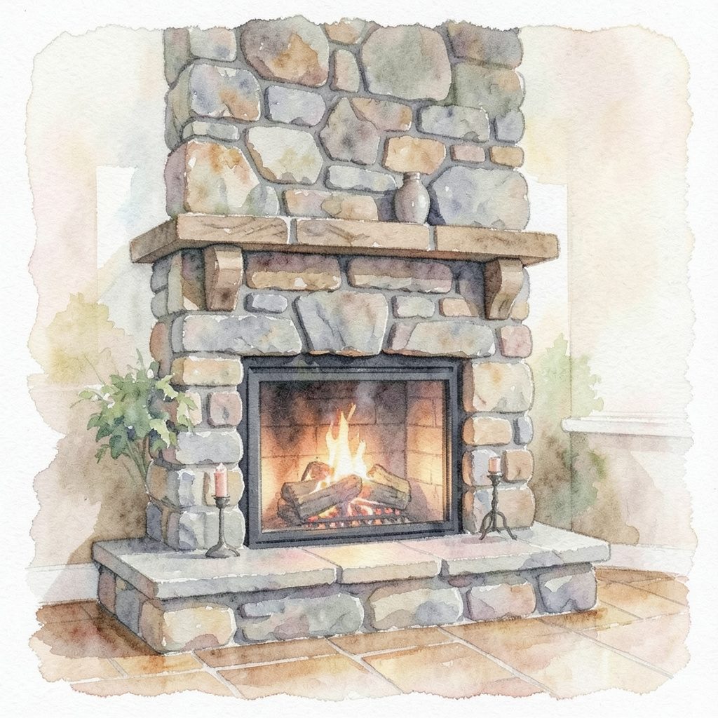 Soft watercolour illustration in muted sage and stone tones of a stacked, layered wall texture suggesting steady, built-up structure and quiet focus