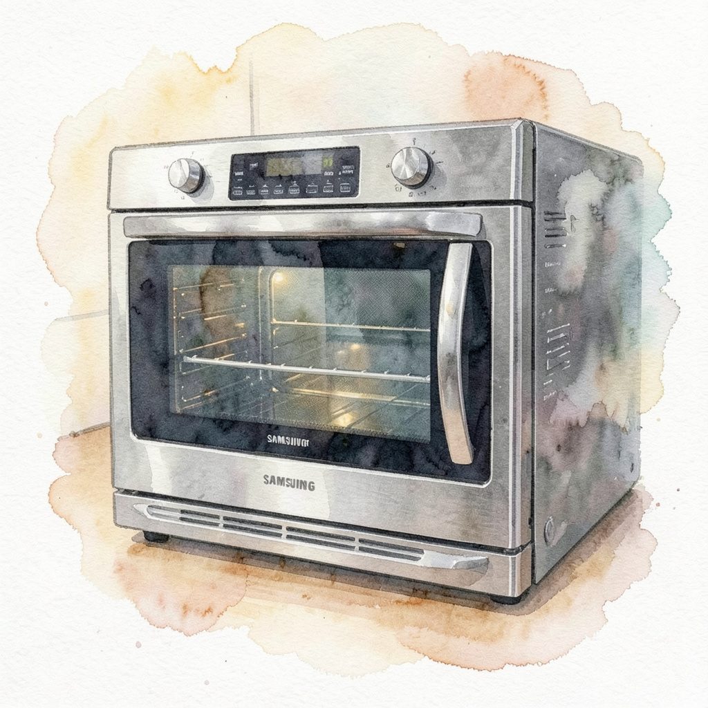 Soft watercolor painting of a sleek silver microwave on a kitchen counter, brushed metal tones and warm ambient light